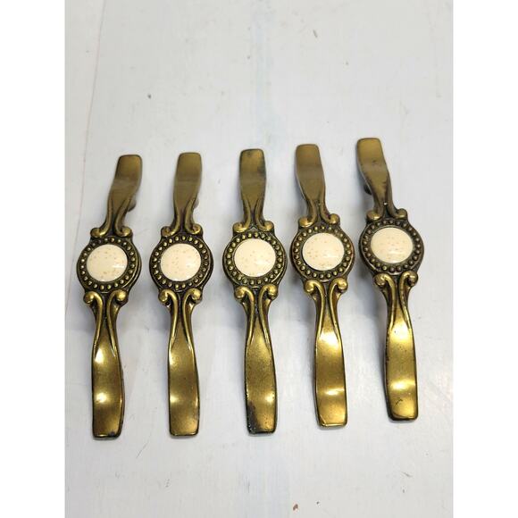 5 Vintage Drawer Pulls, Brass w/Ceramic Speckled Round Center 70s Salvage Lot - Picture 2 of 4